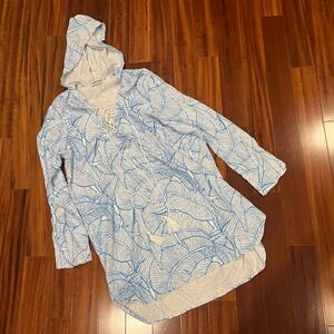 Charlie Holiday Blue White Coverup Sweatshirt Hooded Tunic Leaf Beach Swim Sz 10